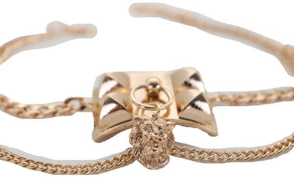 Brand New Women Gold Metal Chain Boot Bracelet Shoe Spikes Lion Charm Side Waves Jewelry