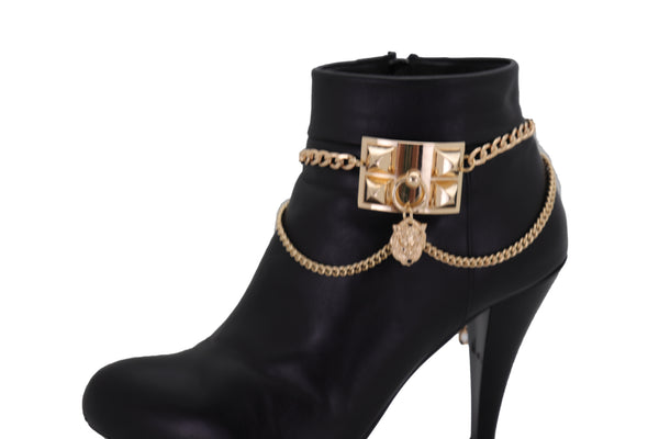 Brand New Women Gold Metal Chain Boot Bracelet Shoe Spikes Lion Charm Side Waves Jewelry