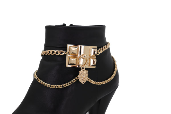 Brand New Women Gold Metal Chain Boot Bracelet Shoe Spikes Lion Charm Side Waves Jewelry