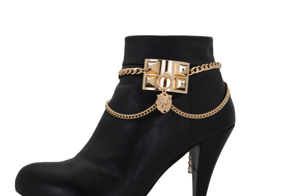 Brand New Women Gold Metal Chain Boot Bracelet Shoe Spikes Lion Charm Side Waves Jewelry
