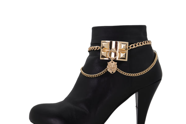 Brand New Women Gold Metal Chain Boot Bracelet Shoe Spikes Lion Charm Side Waves Jewelry