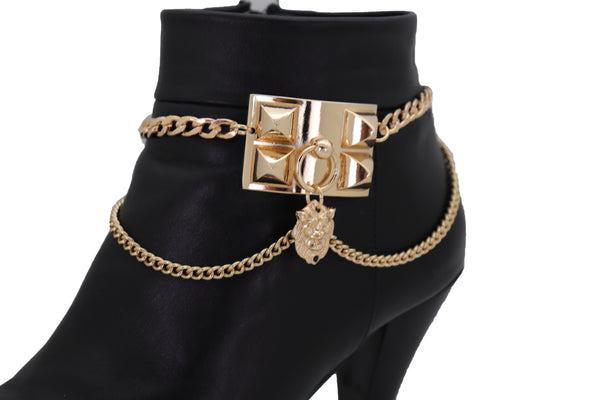 Brand New Women Gold Metal Chain Boot Bracelet Shoe Spikes Lion Charm Side Waves Jewelry