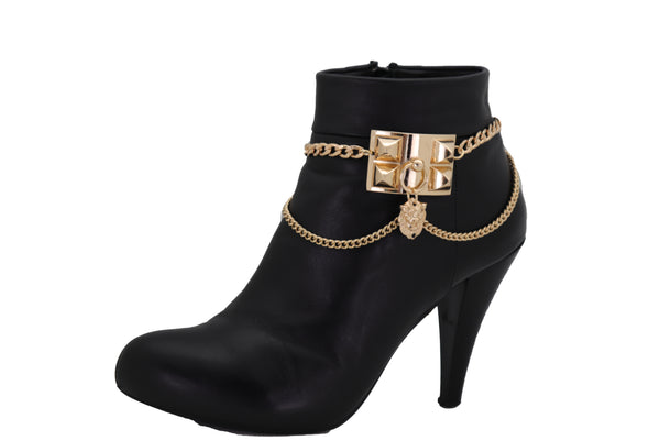 Brand New Women Gold Metal Chain Boot Bracelet Shoe Spikes Lion Charm Side Waves Jewelry
