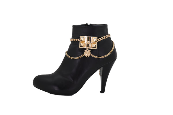 Brand New Women Gold Metal Chain Boot Bracelet Shoe Spikes Lion Charm Side Waves Jewelry