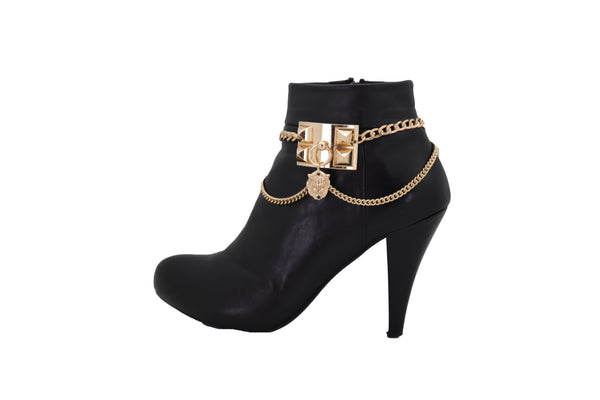 Brand New Women Gold Metal Chain Boot Bracelet Shoe Spikes Lion Charm Side Waves Jewelry