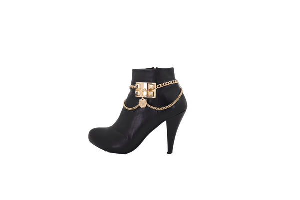 Brand New Women Gold Metal Chain Boot Bracelet Shoe Spikes Lion Charm Side Waves Jewelry