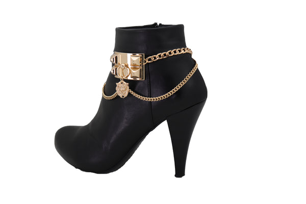 Brand New Women Gold Metal Chain Boot Bracelet Shoe Spikes Lion Charm Side Waves Jewelry