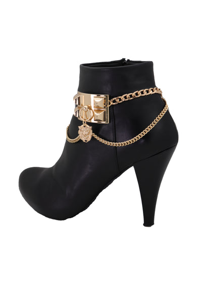 Brand New Women Gold Metal Chain Boot Bracelet Shoe Spikes Lion Charm Side Waves Jewelry