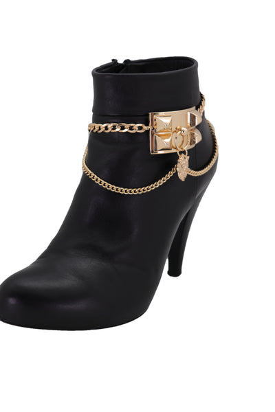 Brand New Women Gold Metal Chain Boot Bracelet Shoe Spikes Lion Charm Side Waves Jewelry