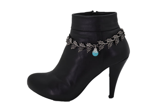 Brand New Women Pewter Metal Chain Boot Bracelet Shoe Turquoise Blue Bead Leaf Charms One Size