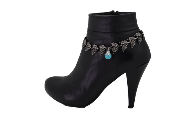 Brand New Women Pewter Metal Chain Boot Bracelet Shoe Turquoise Blue Bead Leaf Charms One Size