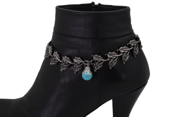 Brand New Women Pewter Metal Chain Boot Bracelet Shoe Turquoise Blue Bead Leaf Charms One Size