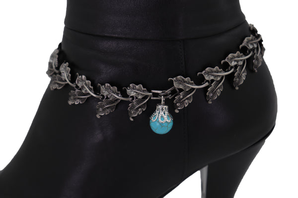 Brand New Women Pewter Metal Chain Boot Bracelet Shoe Turquoise Blue Bead Leaf Charms One Size
