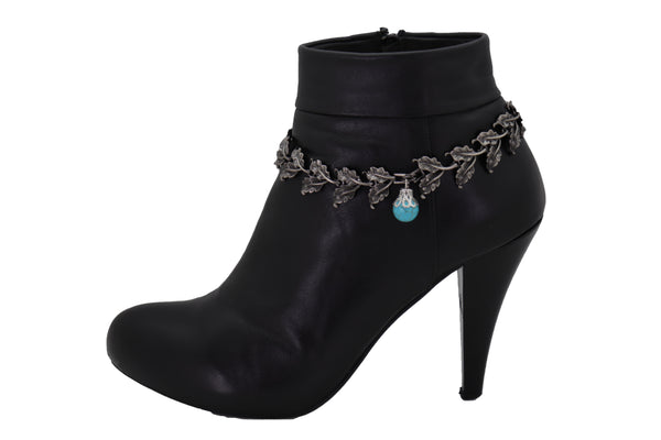 Brand New Women Pewter Metal Chain Boot Bracelet Shoe Turquoise Blue Bead Leaf Charms One Size
