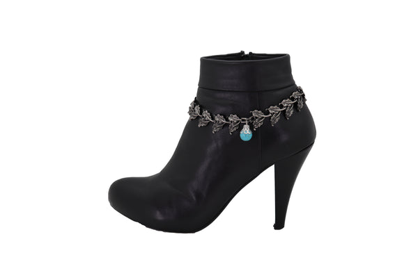 Brand New Women Pewter Metal Chain Boot Bracelet Shoe Turquoise Blue Bead Leaf Charms One Size