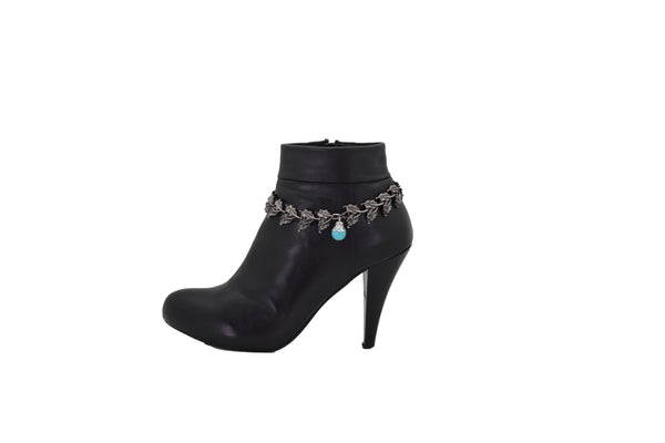 Brand New Women Pewter Metal Chain Boot Bracelet Shoe Turquoise Blue Bead Leaf Charms One Size
