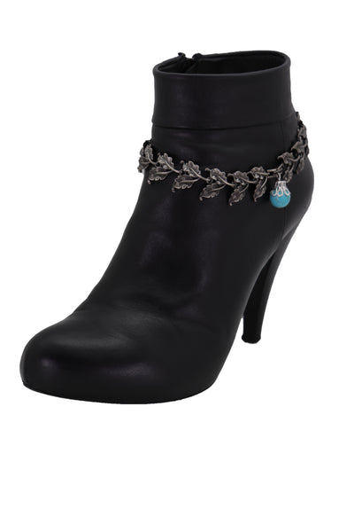 Brand New Women Pewter Metal Chain Boot Bracelet Shoe Turquoise Blue Bead Leaf Charms One Size