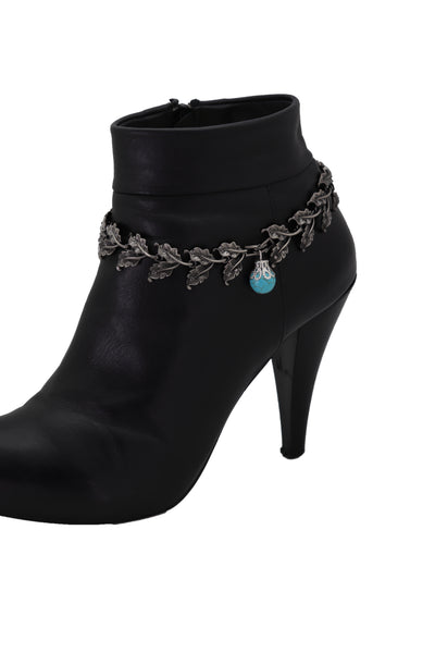 Brand New Women Pewter Metal Chain Boot Bracelet Shoe Turquoise Blue Bead Leaf Charms One Size