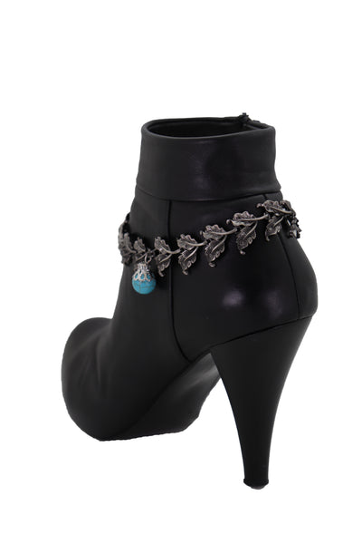 Brand New Women Pewter Metal Chain Boot Bracelet Shoe Turquoise Blue Bead Leaf Charms One Size