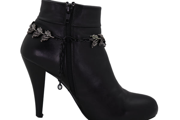 Brand New Women Pewter Metal Chain Boot Bracelet Shoe Turquoise Blue Bead Leaf Charms One Size