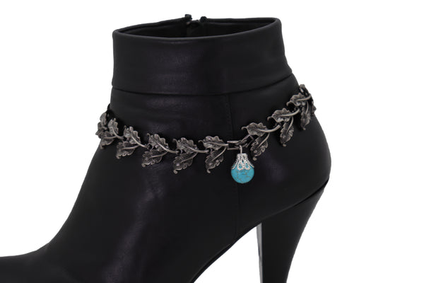 Brand New Women Pewter Metal Chain Boot Bracelet Shoe Turquoise Blue Bead Leaf Charms One Size