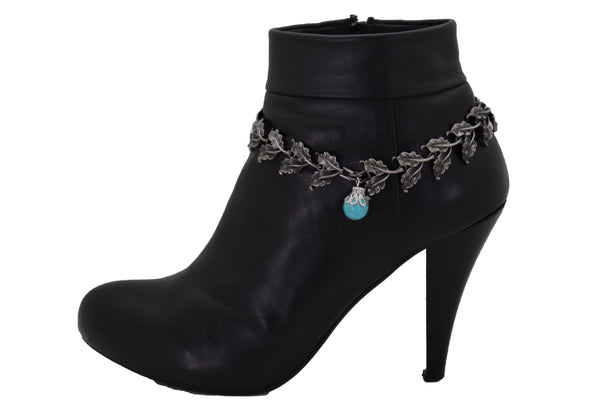 Brand New Women Pewter Metal Chain Boot Bracelet Shoe Turquoise Blue Bead Leaf Charms One Size