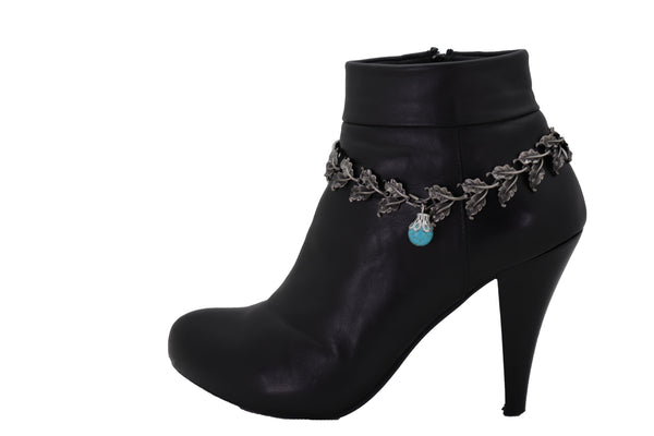 Brand New Women Pewter Metal Chain Boot Bracelet Shoe Turquoise Blue Bead Leaf Charms One Size