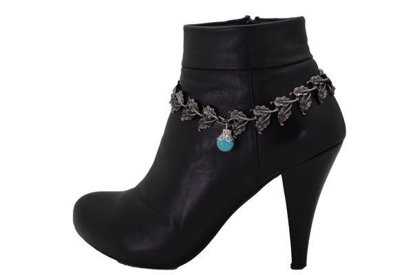 Brand New Women Pewter Metal Chain Boot Bracelet Shoe Turquoise Blue Bead Leaf Charms One Size