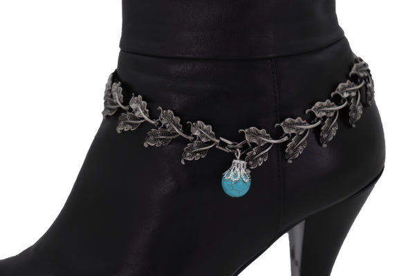 Brand New Women Pewter Metal Chain Boot Bracelet Shoe Turquoise Blue Bead Leaf Charms One Size