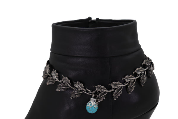 Brand New Women Pewter Metal Chain Boot Bracelet Shoe Turquoise Blue Bead Leaf Charms One Size