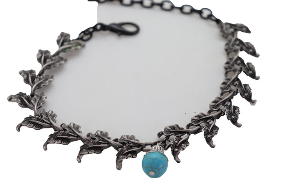 Brand New Women Pewter Metal Chain Boot Bracelet Shoe Turquoise Blue Bead Leaf Charms One Size