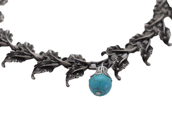 Brand New Women Pewter Metal Chain Boot Bracelet Shoe Turquoise Blue Bead Leaf Charms One Size
