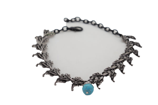 Brand New Women Pewter Metal Chain Boot Bracelet Shoe Turquoise Blue Bead Leaf Charms One Size