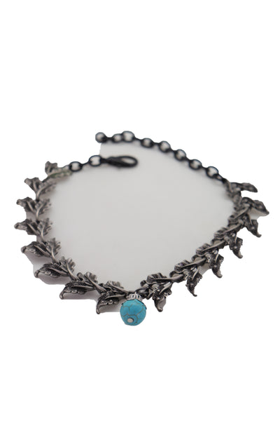 Brand New Women Pewter Metal Chain Boot Bracelet Shoe Turquoise Blue Bead Leaf Charms One Size