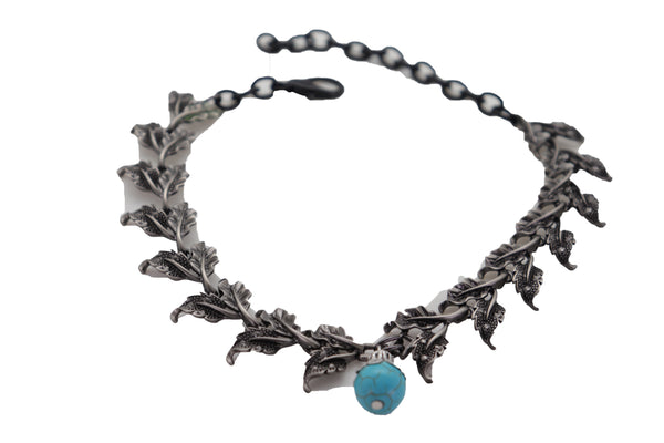 Brand New Women Pewter Metal Chain Boot Bracelet Shoe Turquoise Blue Bead Leaf Charms One Size