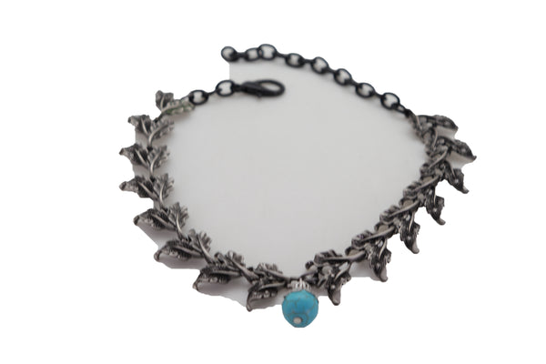 Brand New Women Pewter Metal Chain Boot Bracelet Shoe Turquoise Blue Bead Leaf Charms One Size