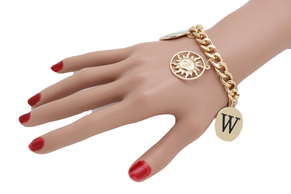 Brand New Women Bracelet Gold Metal Chain Sun Moon Star D W Charm Calendar Fashion Jewelry