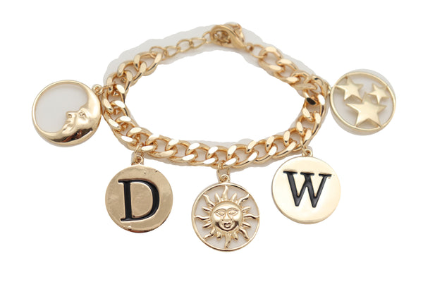 Brand New Women Bracelet Gold Metal Chain Sun Moon Star D W Charm Calendar Fashion Jewelry