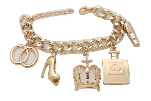 Brand New Women Gold Metal Chain Bracelet Crown Pump Shoe Perfume Lipstick Infinity Charms