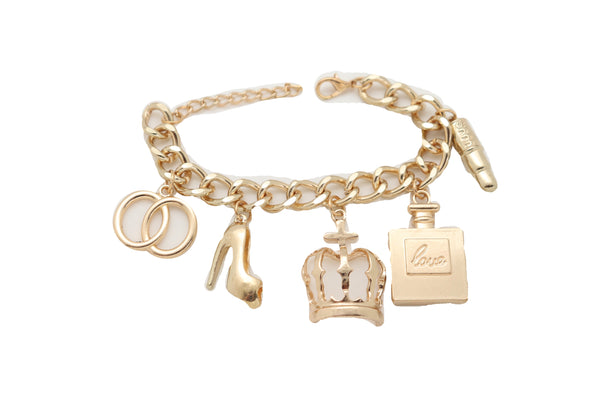 Brand New Women Gold Metal Chain Bracelet Crown Pump Shoe Perfume Lipstick Infinity Charms
