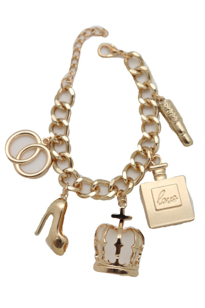Brand New Women Gold Metal Chain Bracelet Crown Pump Shoe Perfume Lipstick Infinity Charms