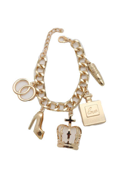 Brand New Women Gold Metal Chain Bracelet Crown Pump Shoe Perfume Lipstick Infinity Charms
