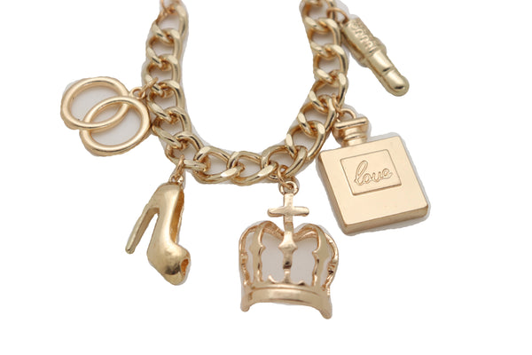 Brand New Women Gold Metal Chain Bracelet Crown Pump Shoe Perfume Lipstick Infinity Charms