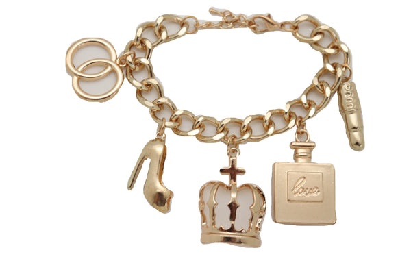 Brand New Women Gold Metal Chain Bracelet Crown Pump Shoe Perfume Lipstick Infinity Charms