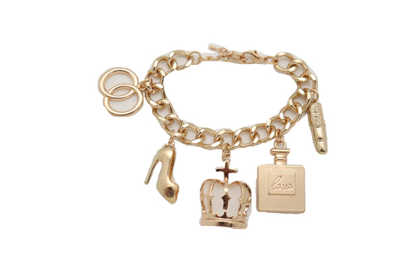 Brand New Women Gold Metal Chain Bracelet Crown Pump Shoe Perfume Lipstick Infinity Charms