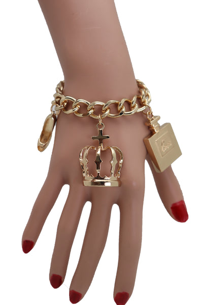 Brand New Women Gold Metal Chain Bracelet Crown Pump Shoe Perfume Lipstick Infinity Charms