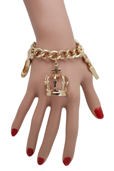 Brand New Women Gold Metal Chain Bracelet Crown Pump Shoe Perfume Lipstick Infinity Charms