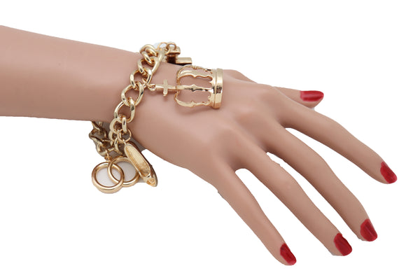 Brand New Women Gold Metal Chain Bracelet Crown Pump Shoe Perfume Lipstick Infinity Charms