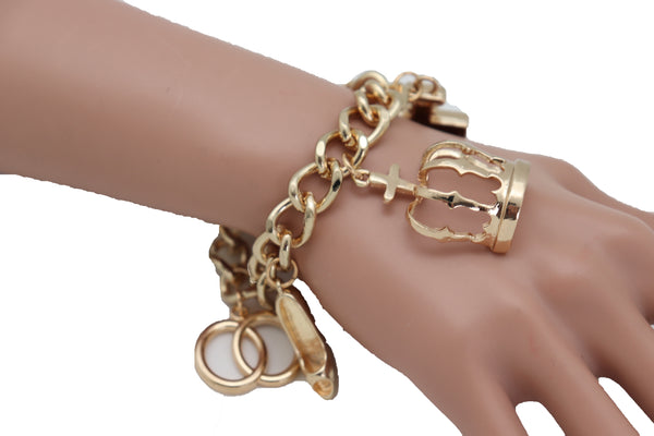 Brand New Women Gold Metal Chain Bracelet Crown Pump Shoe Perfume Lipstick Infinity Charms
