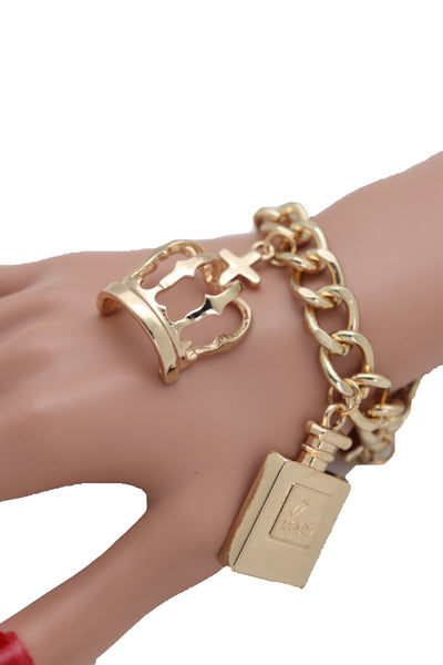 Brand New Women Gold Metal Chain Bracelet Crown Pump Shoe Perfume Lipstick Infinity Charms